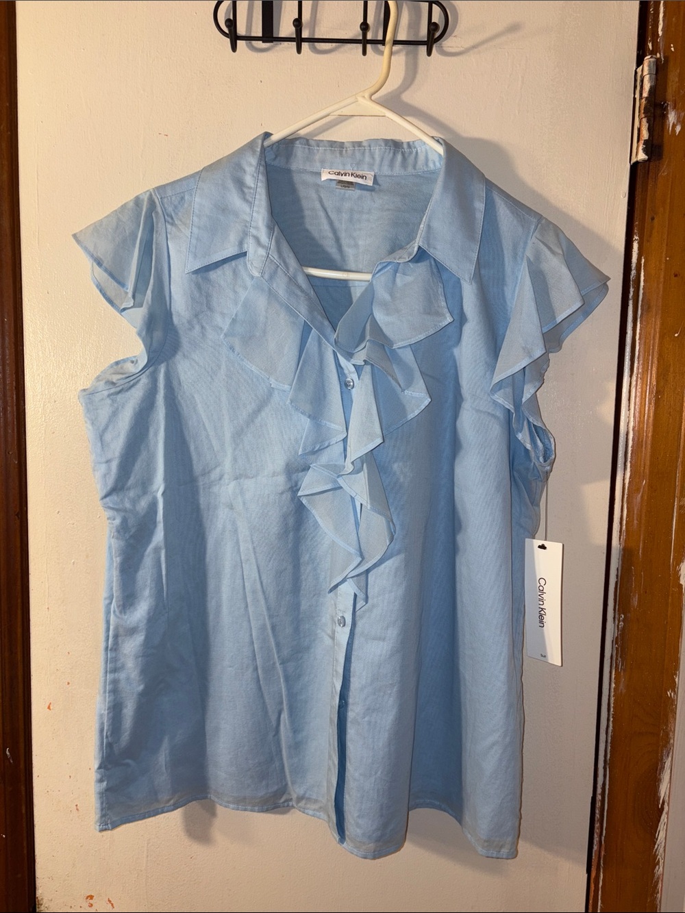 Calvin Klein Powder Blue Ruffle Front Sleeveless Blouse